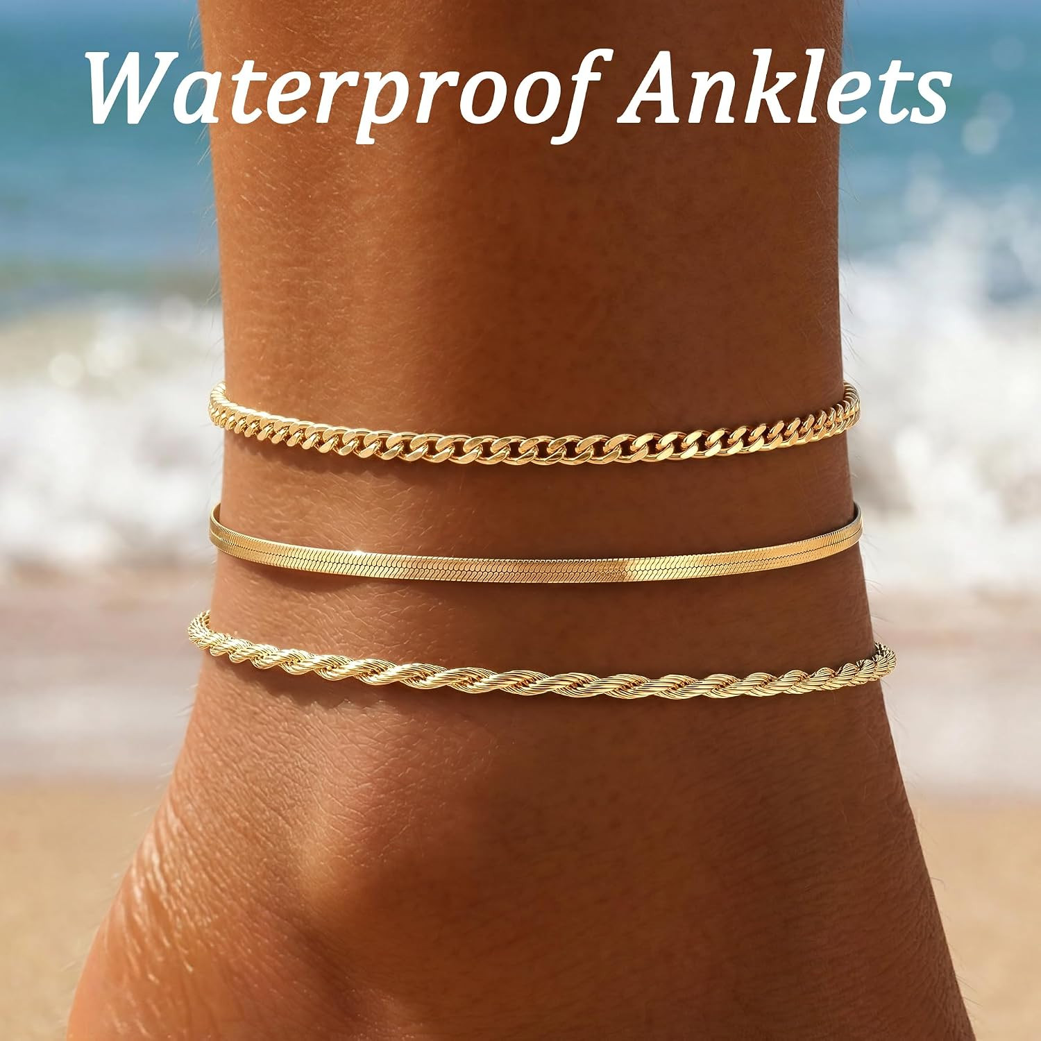 Waterproof Ankle Bracelets for Women,14k Gold Plated Hypoallergenic Layered Stac