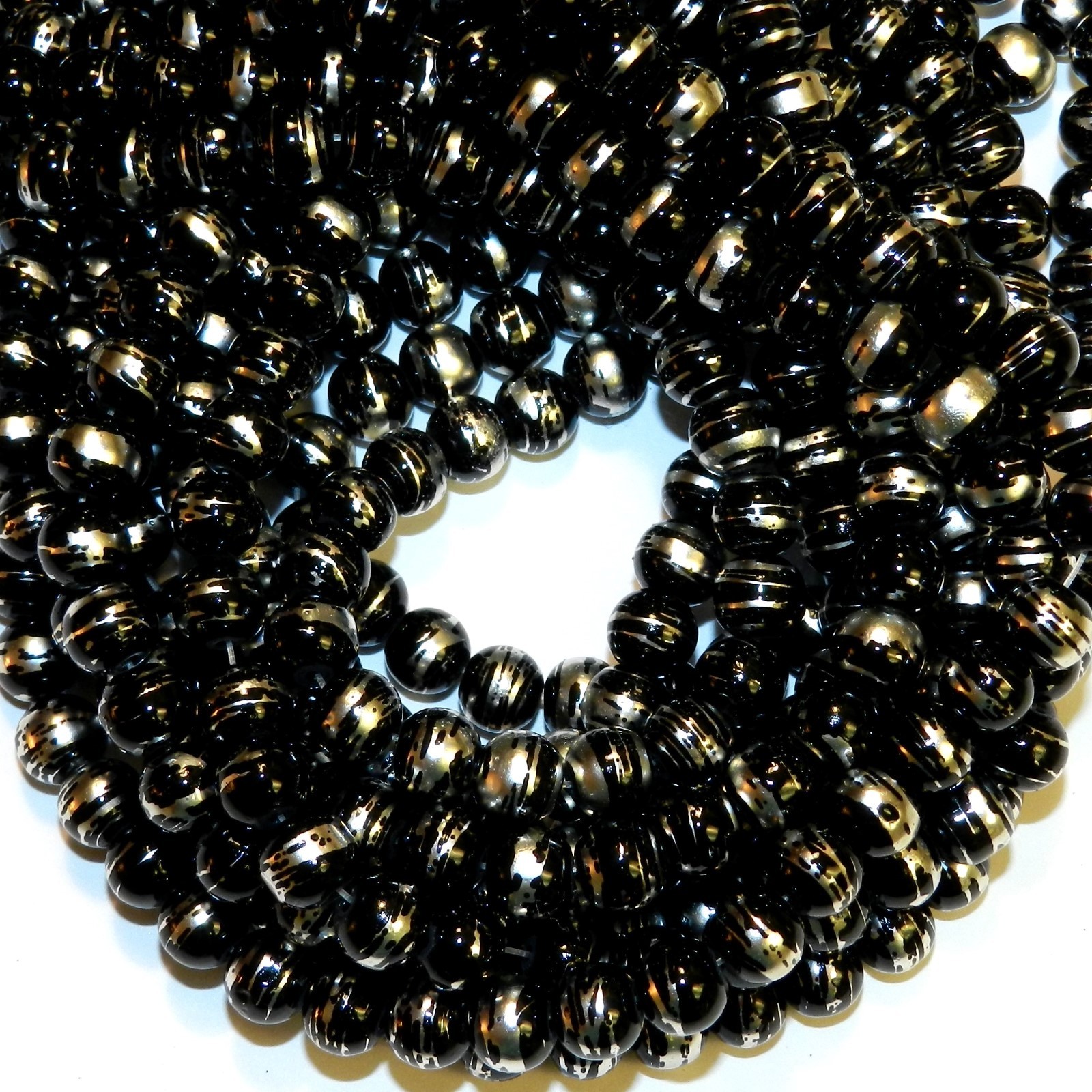 G1772 Black Opaque 8mm Round Silver Swirl Metallic Drawbench Glass Beads 32″