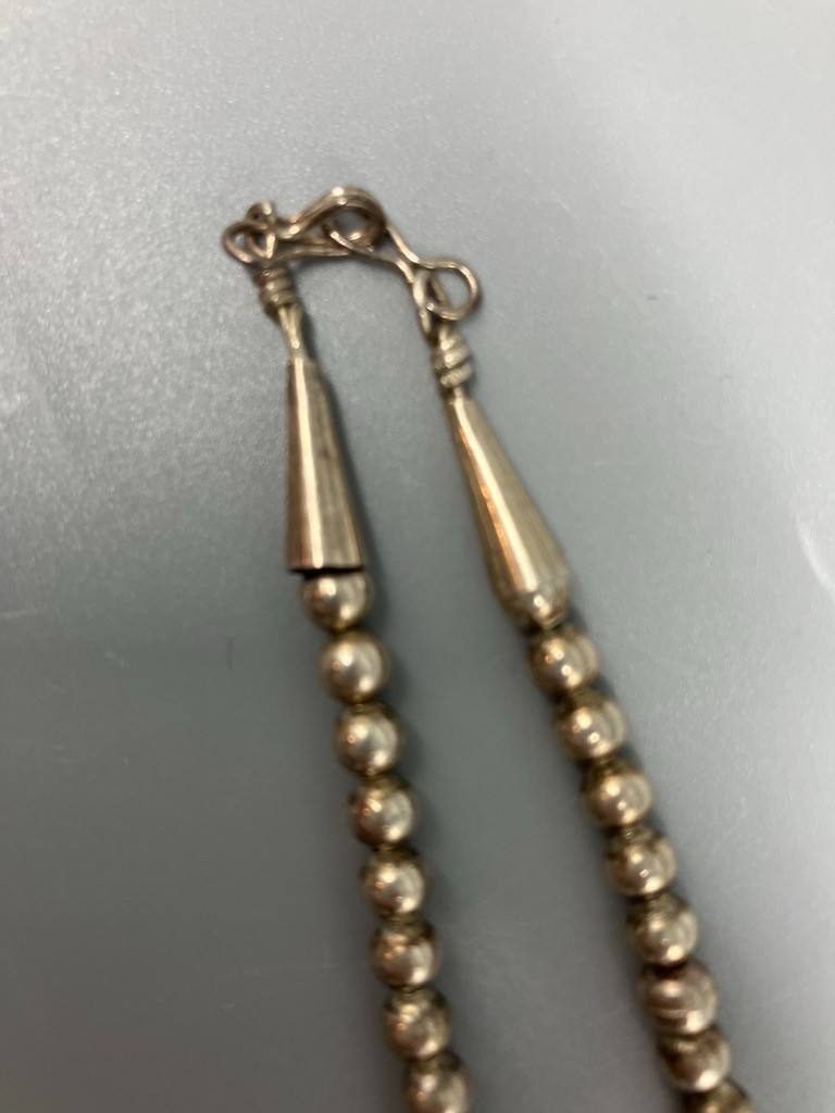 SILVER BEAD AND TURQUOISE NECKLACE 19 1/2 INCHES LONG