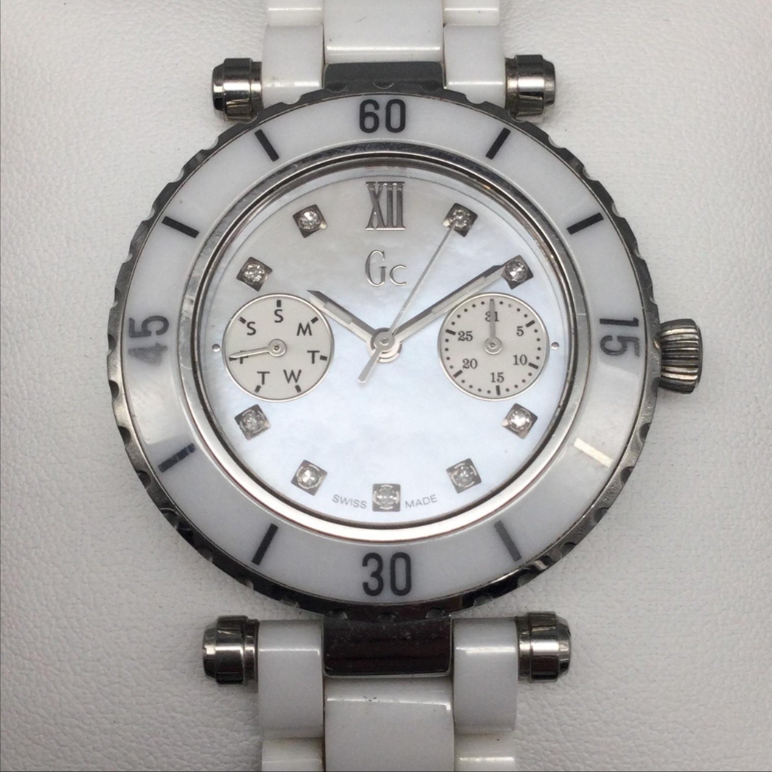 Gc Diamond 46003L107 Women Watch 34mm White Ceramic Swiss Made New Battery 7.25″