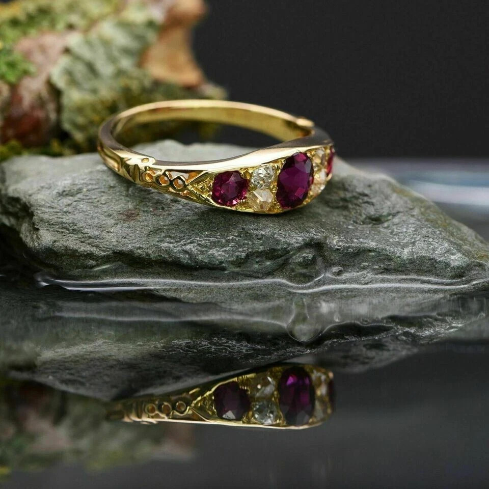 2.30Ct Lab Created Ruby & Diamond Antique Wedding Ring 14K Yellow Gold Finish