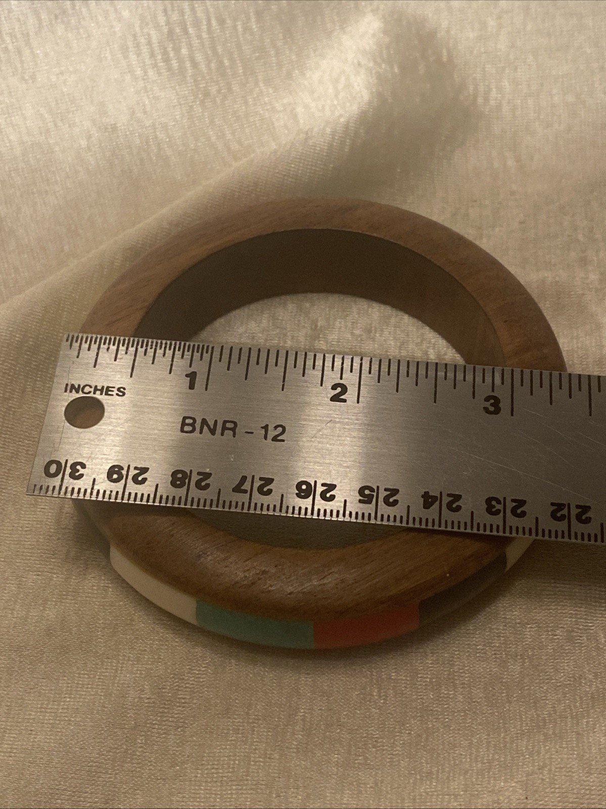 Vintage Wood Bracelet Inlaid Green Yellow Red Black Bohemian inner sz 2.75”