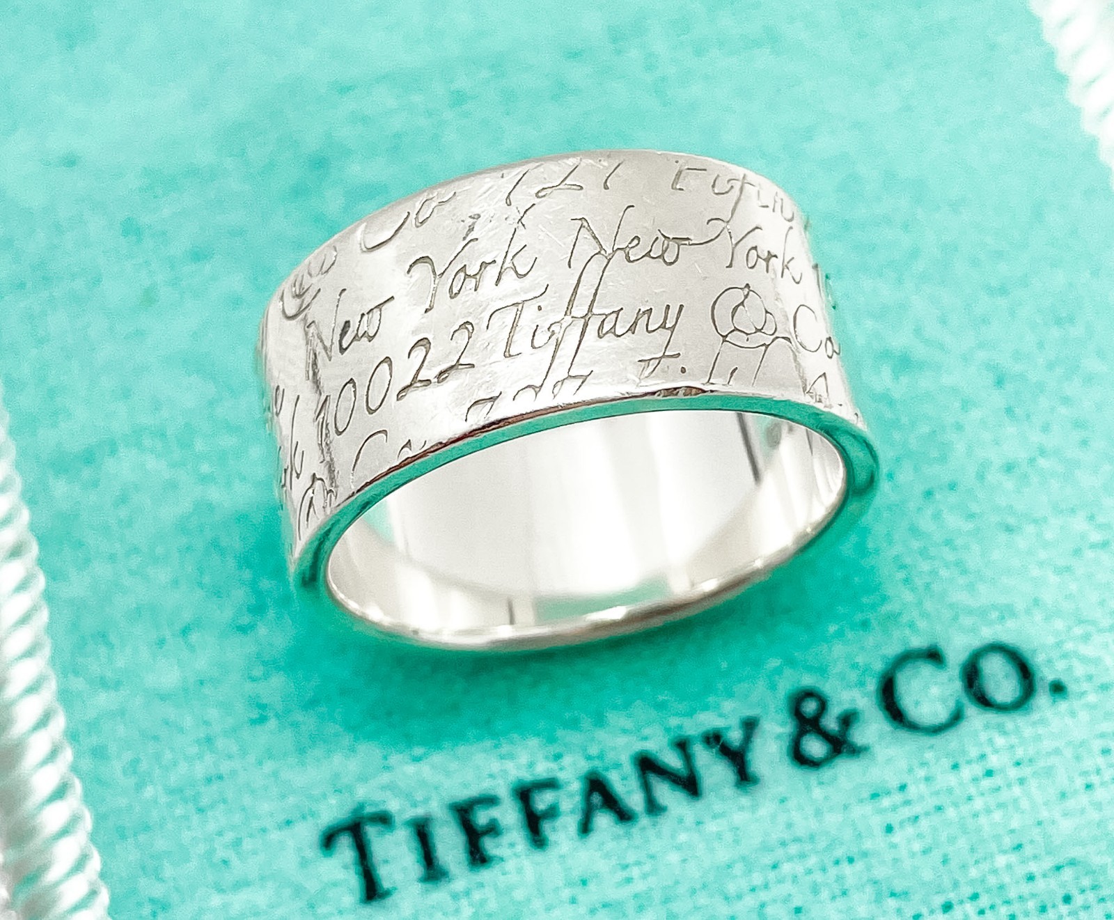 Tiffany & Co. Notes Script Fifth Avenue New York Wide Band Ring Silver Size 8.75