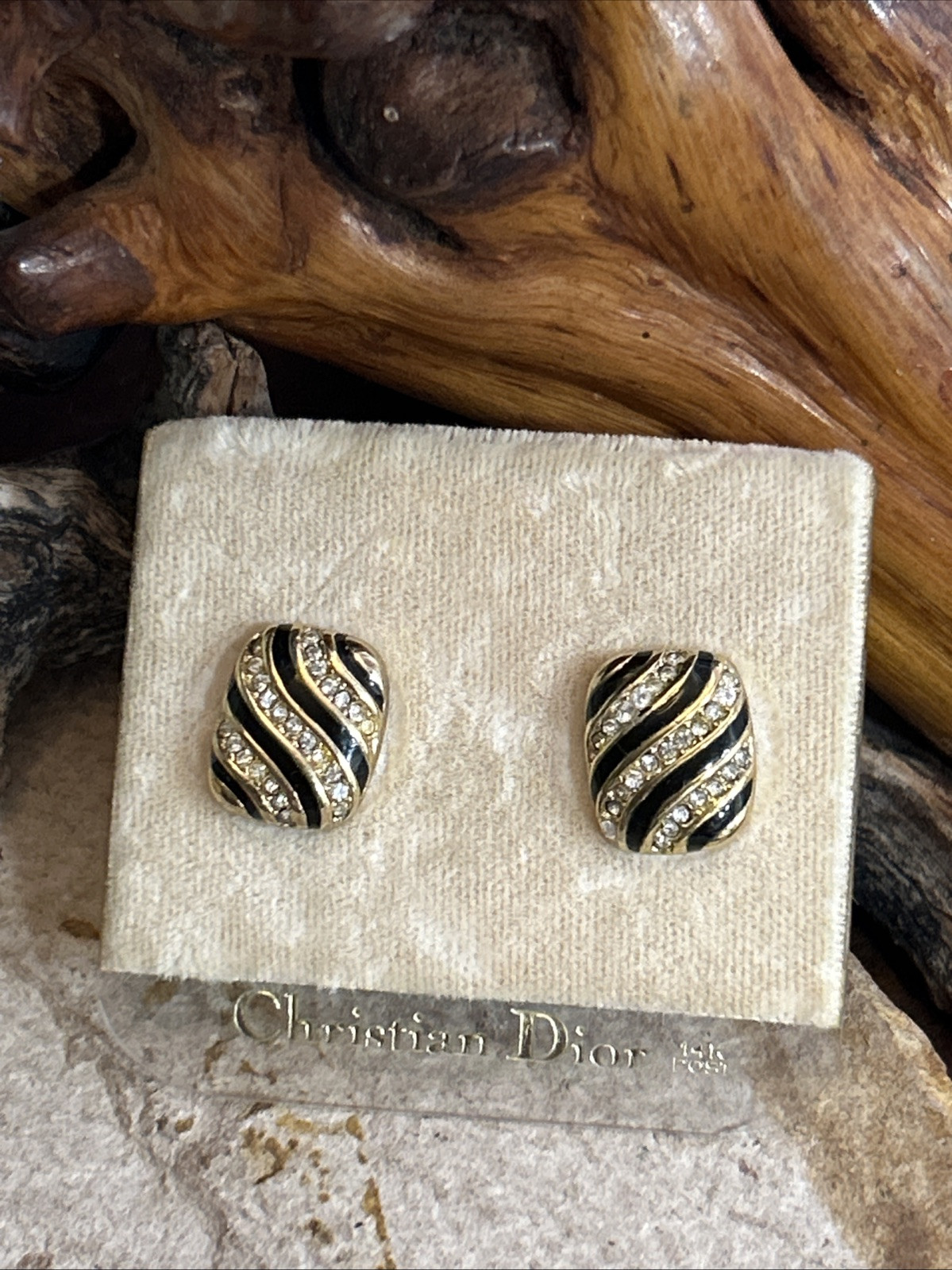 28. Christian Dior 14K Post Gold tone Black Enamel Crystal Stud Earrings 15.4mm