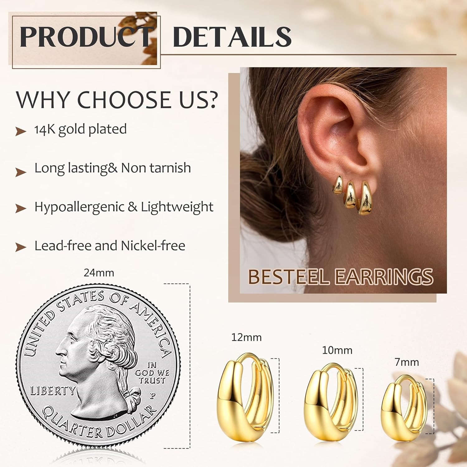 3 Pairs 14K Gold Hoop Earrings Set for Women Small Chunky Huggie | Hypoallergeni