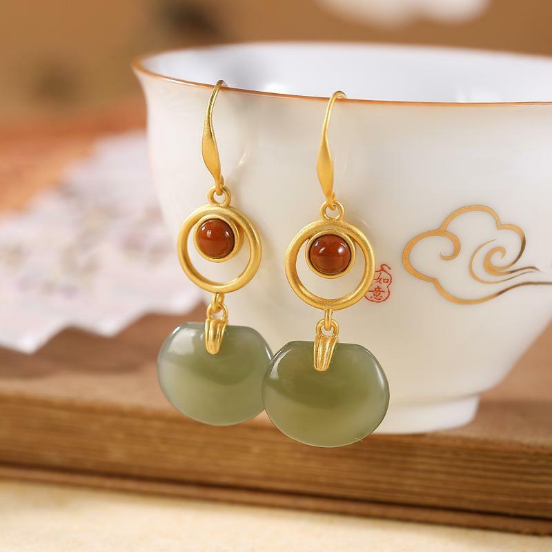 Natural Hetian Jade Hollow Earrings Chinese Retro Women Fashion Jewelry Amulet