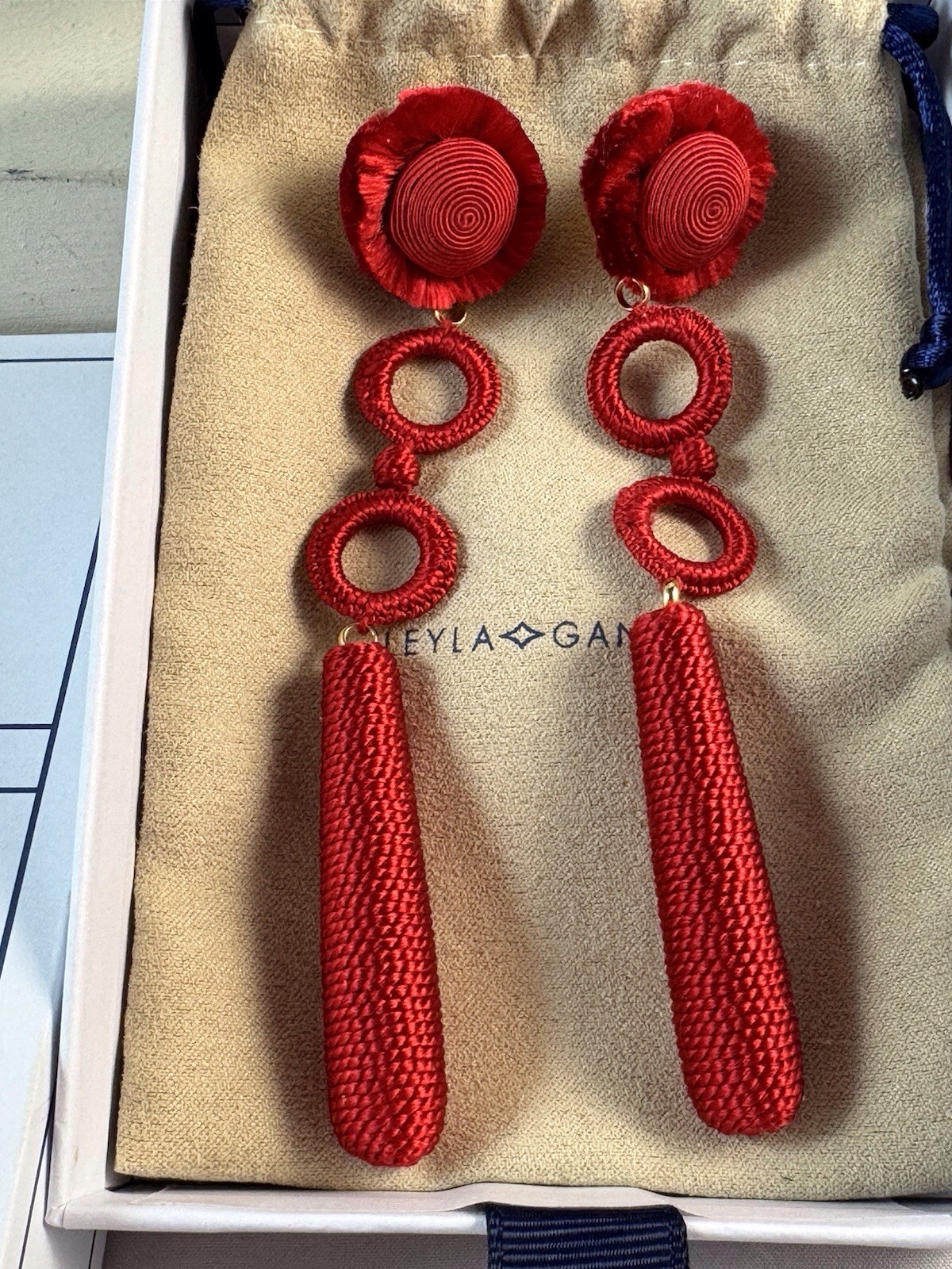 LEYLA GANS Gold Tone Amelie Wrapped Cord Drop Earrings ~ Red silk cord ~ Pierced