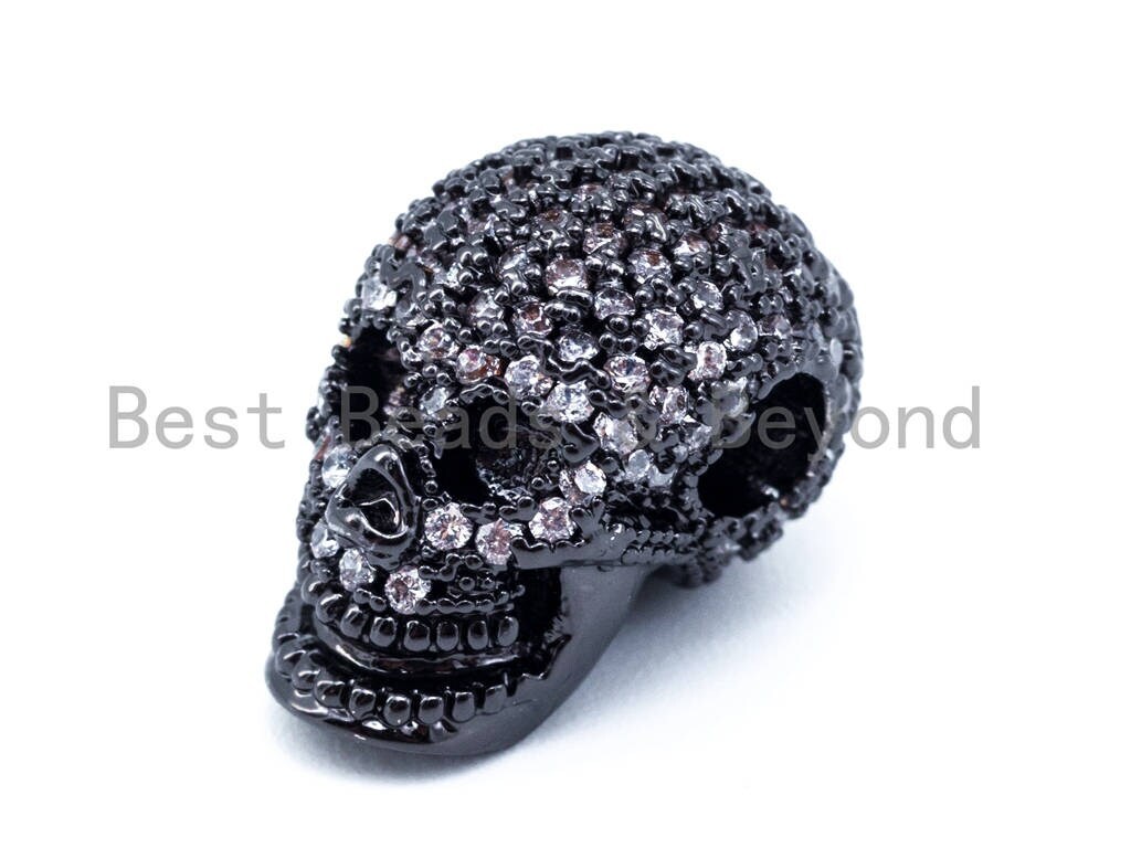 15x11mm 3D CZ Micro Pave Skull Charms, Gold/Black/Silver/Rose Gold Spacer Beads