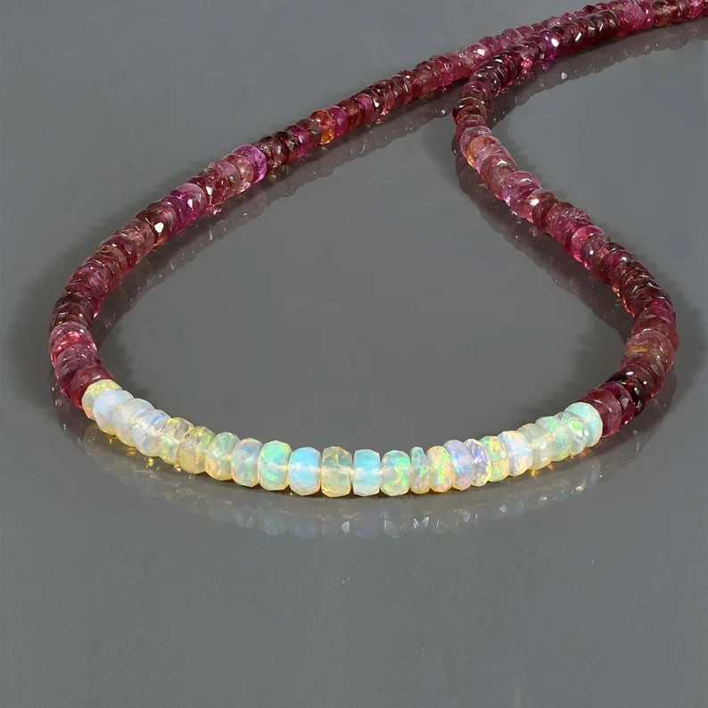 Natural Welo Fire Opal & Pink Tourmaline Beaded Necklace Handmade 925 Silver 18″