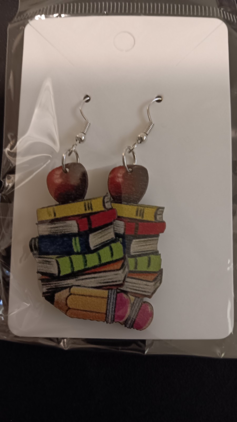 Book Stack Apple Pencil Charm Hook Dangle Earrings Multicolor Wood No Stone