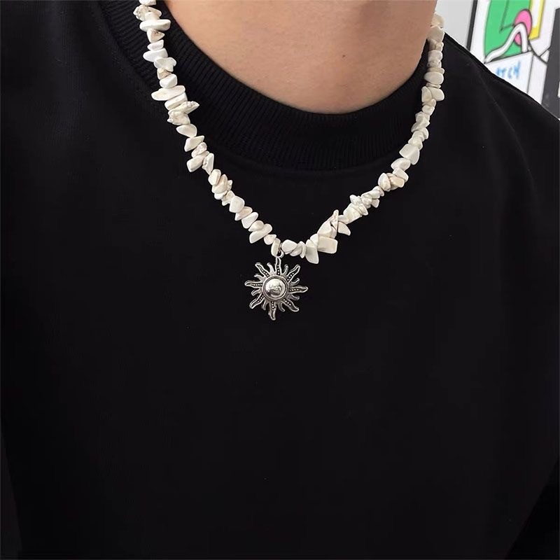 White Irregular Chip Necklace Silver Sun Pendant Unisex Vintage Beach Jewelry