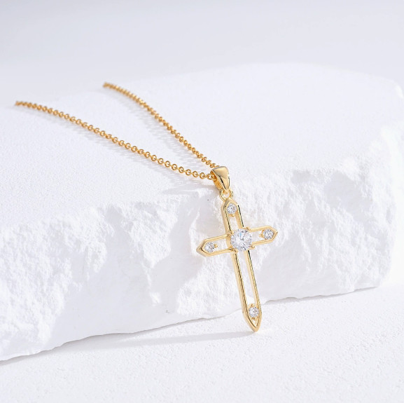 Gold Hollow Cross Pendant Necklace with Clear Cubic Zirconia for Women Religious