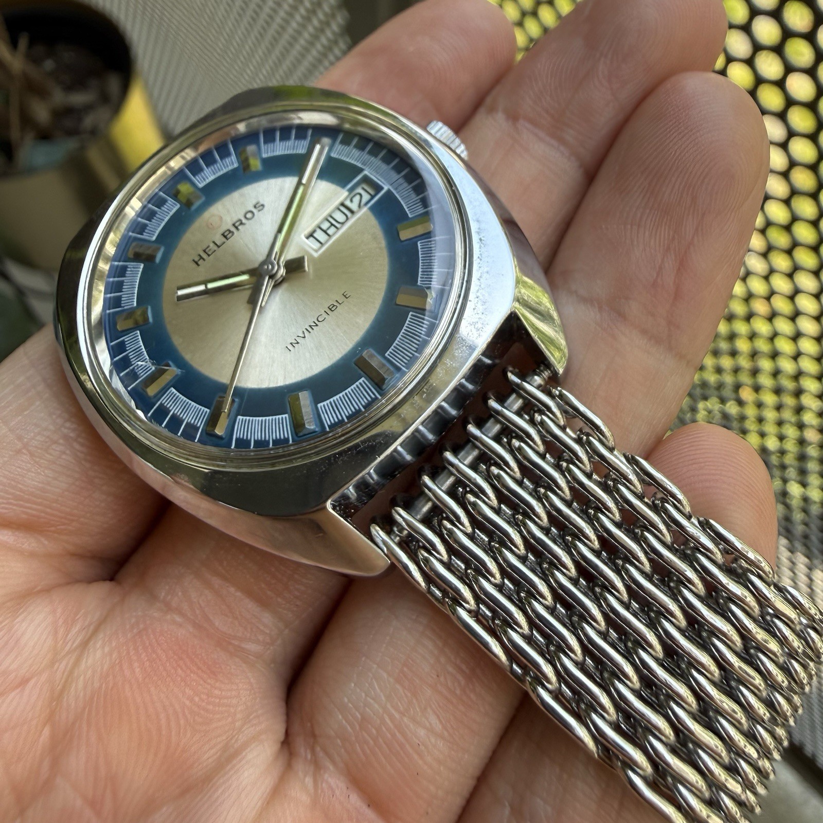 Vintage Helbros Invincible Day Date Stainless Steel Silver Blue Dial Men’s Watch