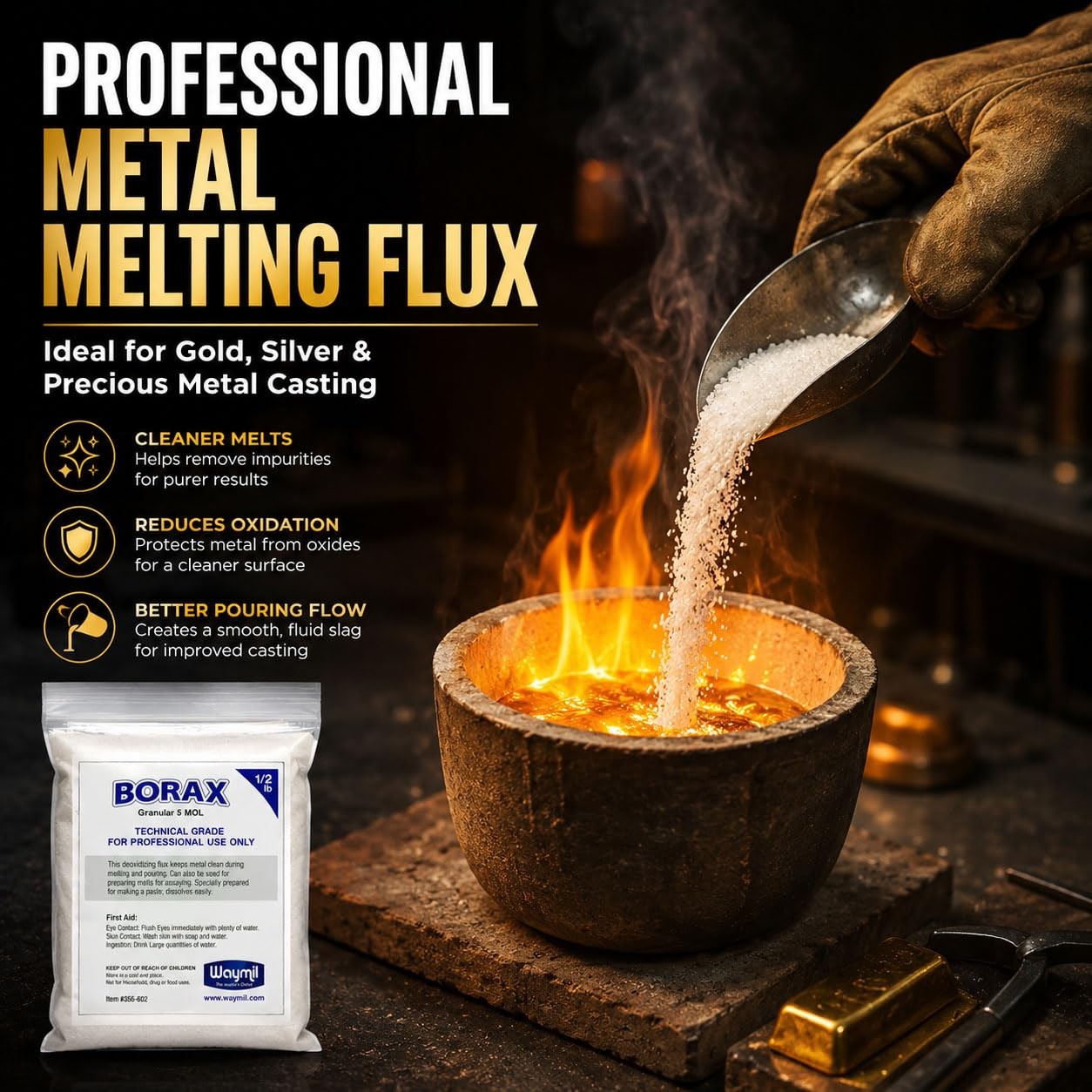 Waymil Borax Flux Granular1/2 Pound for Gold Silver Melting Casting Crucible …