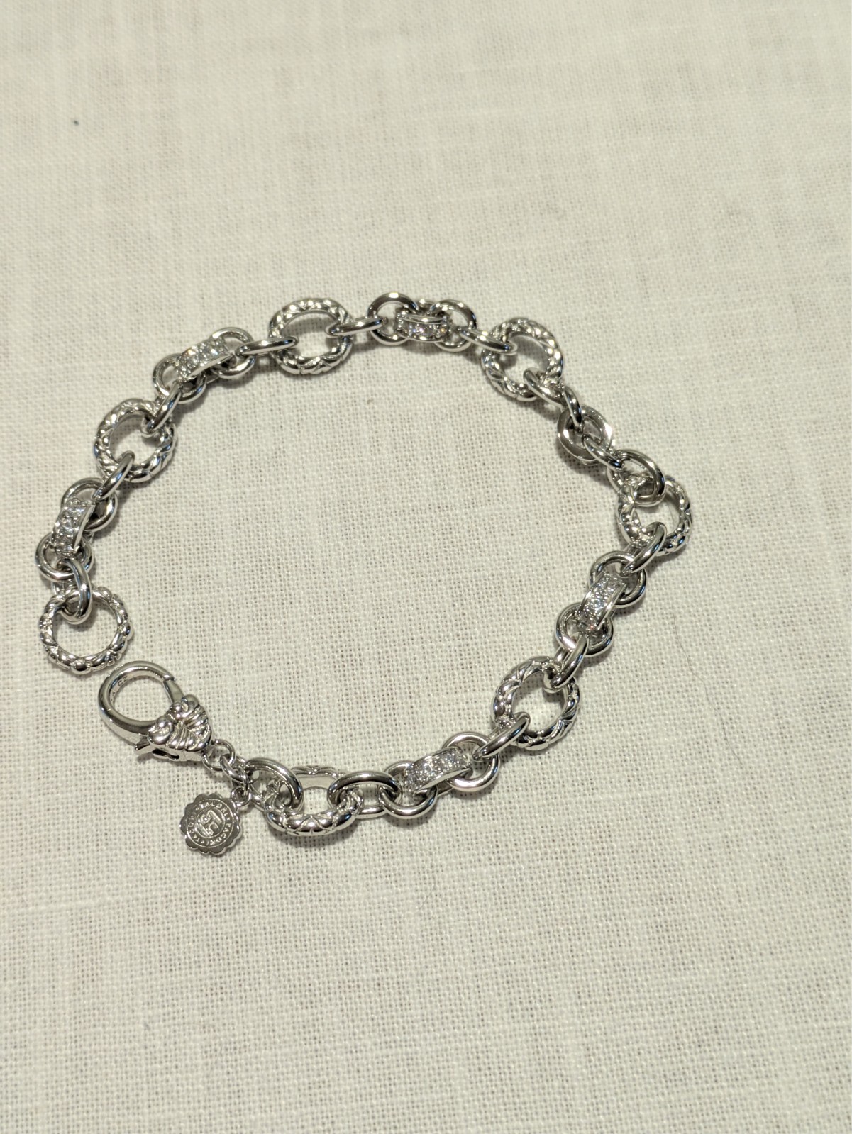 VINTAGE STERLING TACORI CZ RING CIRCLE FANCY LINK BRACELET 8″. NEW.