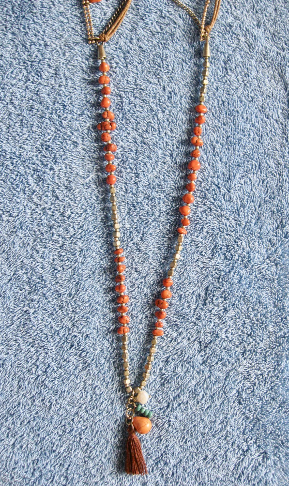 “T” Logo FLOATING 3 STRAND Orange Turquoise Beaded Necklace; Chain; Cord Lobster