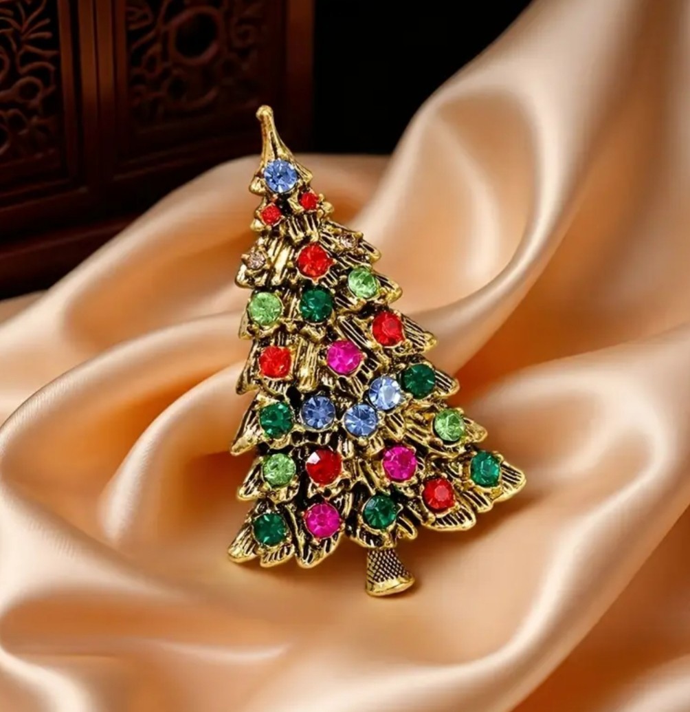 VTG RED GREEN PINK BLUE GOLD CHRISTMAS TREE LIGHTS~RHINESTONE CRYSTAL BROOCH PIN