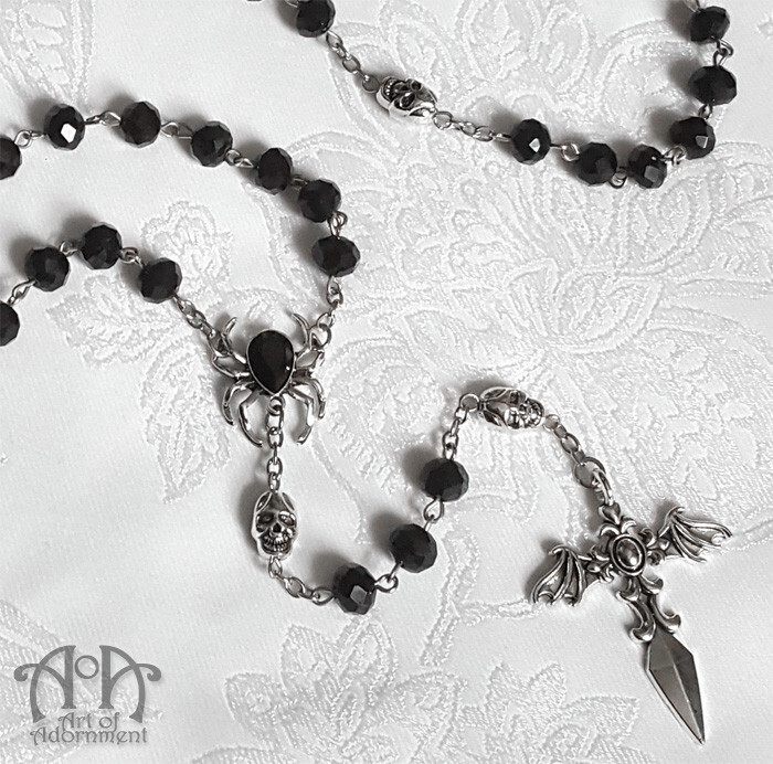 Gothic Punk Beaded BLACK CRYSTAL ROSARY NECKLACE Bat Skull Spider Cross Long