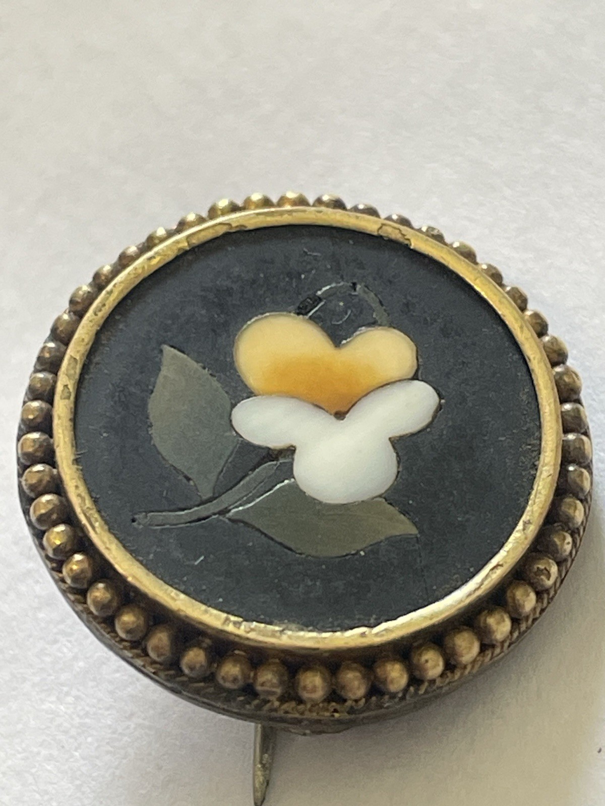 Antique 18k Pietra Dura Brooch Pin Italian Inlaid Floral Victorian Style Mosaic