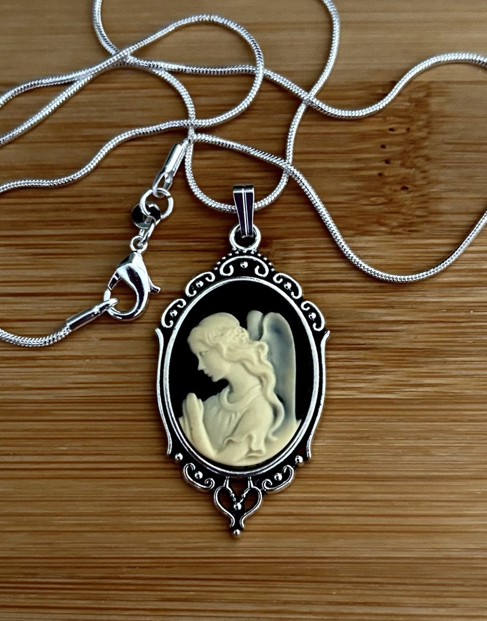 Praying Angel Cameo Necklace, Cream on Black Vtg Pendant, Sterling Silver Chain