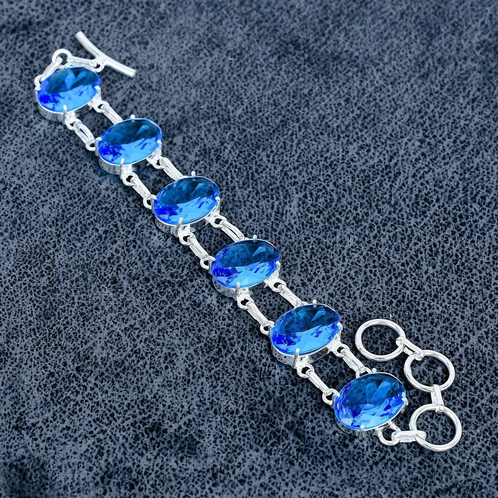70-80 Ct Natural Swiss Blue Topaz Bracelet 925 Sterling Silver Handmade Jewelry
