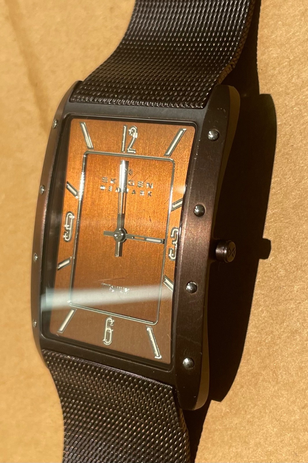 Skagen Titanium Tank Brown mesh, new batt. ultra-thin square case 338LTMD 3 atm