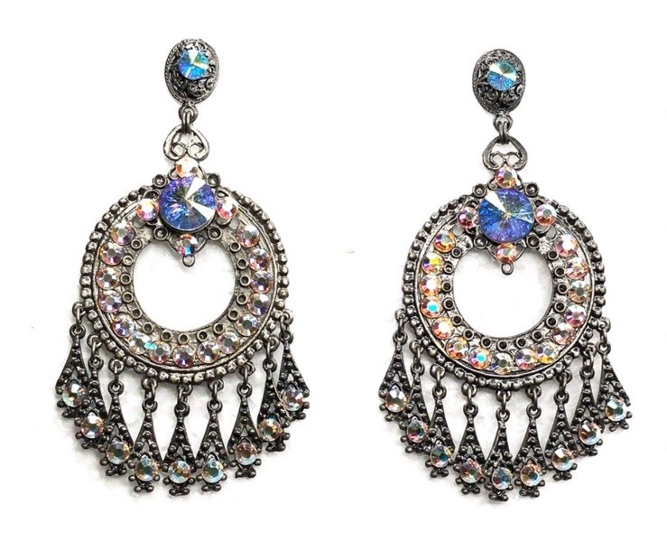 Elo7 Antique Silver Iridescent Rhinestone Tassel Dangling Chandelier Earrings