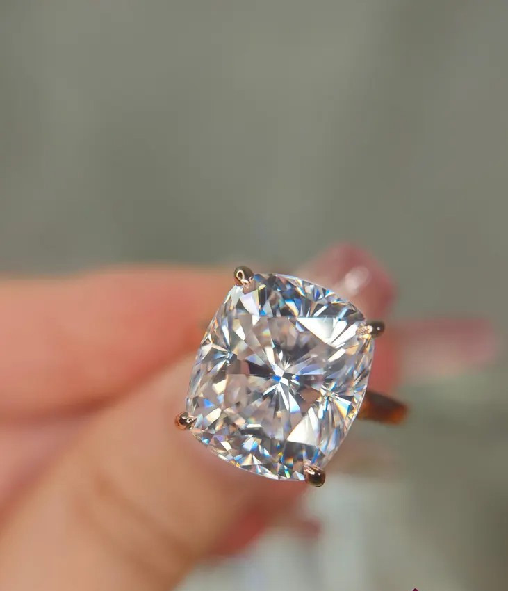 RARE 4.90 Ct Cushion White Treated Diamond Ring, 925 Silver, Excellent Luster