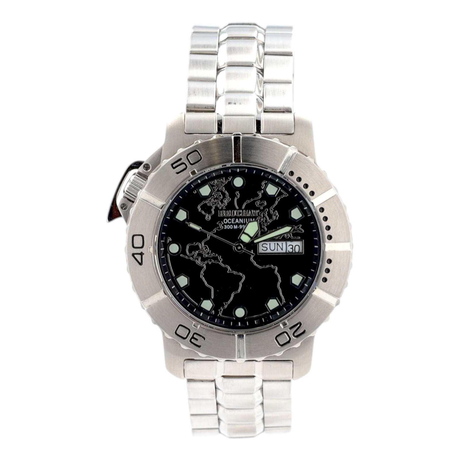 Beuchat Oceanium Mens Watch 300M Diver World Map Dial Swiss Steel Day Date