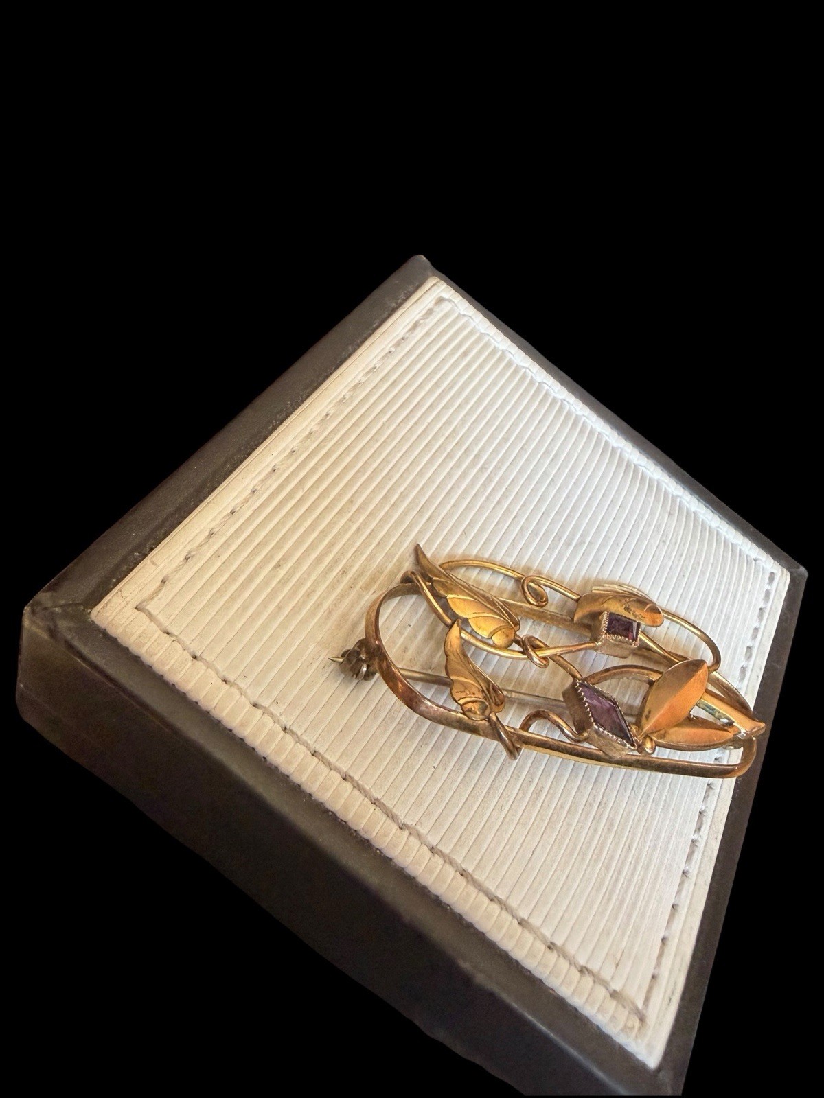 Older Gold Filled Floral Brooch With Purple Stone Accents