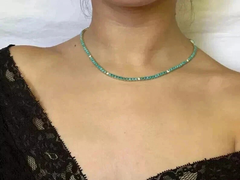 16CT Round Lab Created Turquoise Women’s Tennis Necklace 14K White Gold Finish