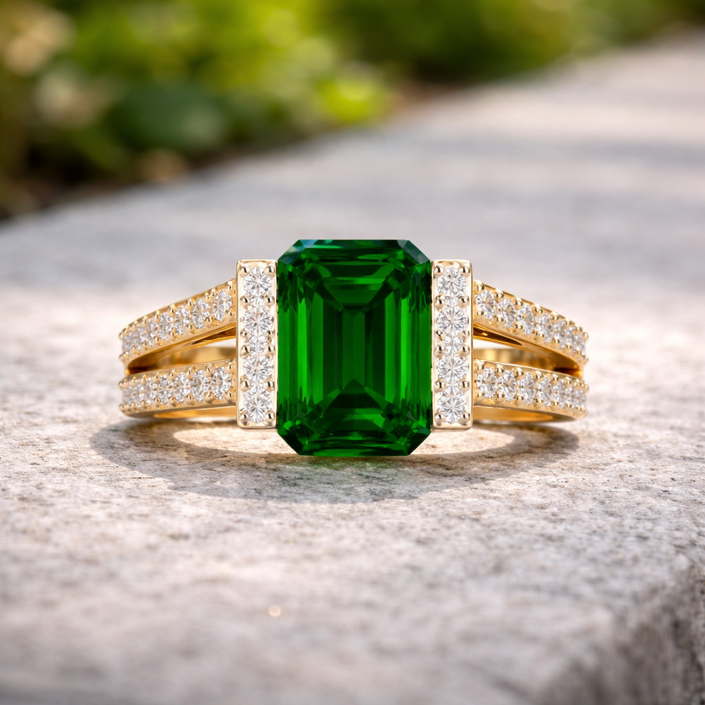 Emerald Cut Natural Emerald & Diamond Wedding & Propose Ring Yellow Gold 4.80 Ct