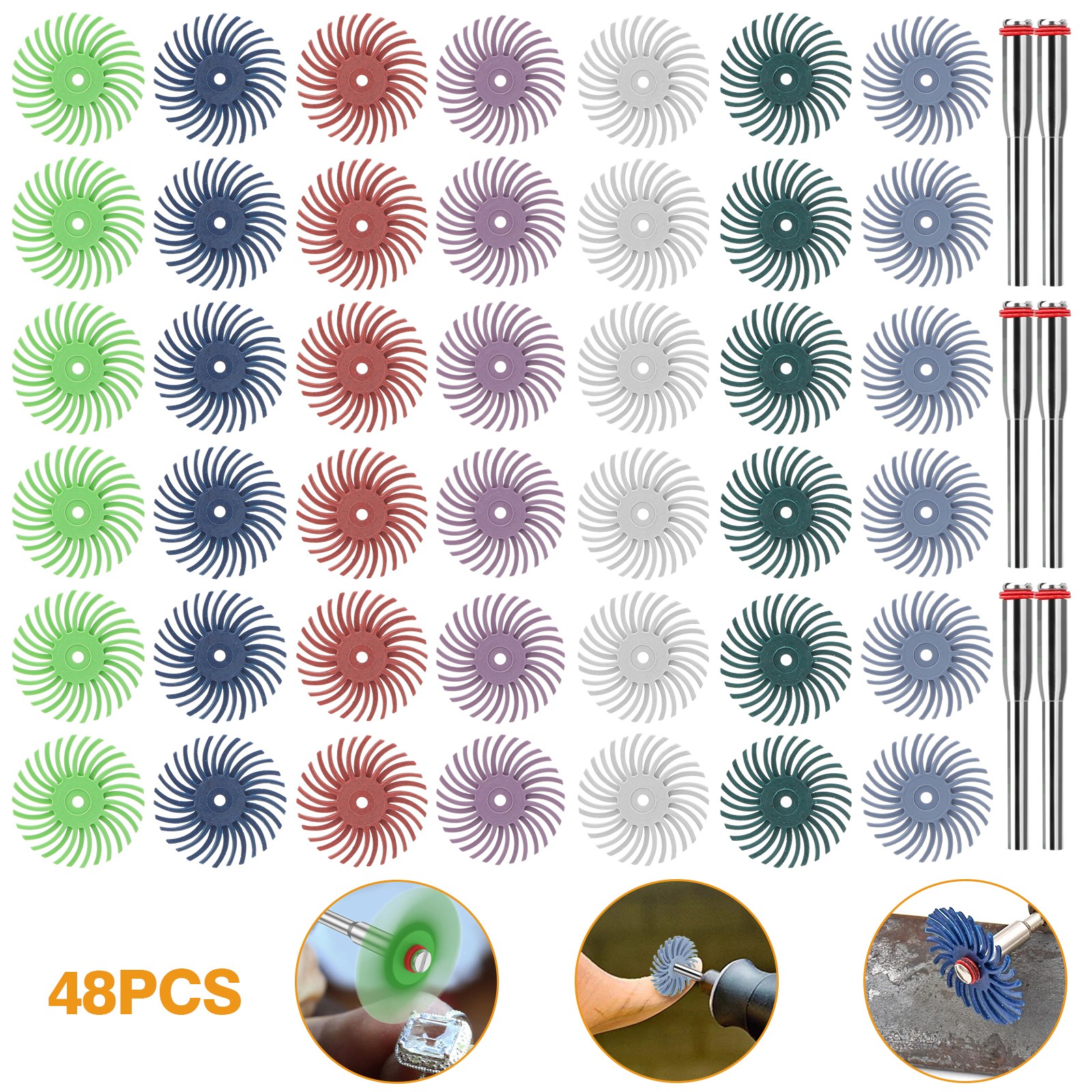 48Pcs 1″ Radial Bristle Disc Mix Kit w/ 3mm Mandrels for Rotary Tools 80-2500#
