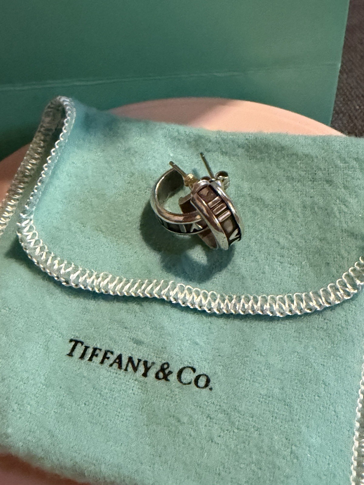 Tiffany & Co. 925 Sterling Silver Hoop Earrings Butterfly Closure w/ Box Pouch