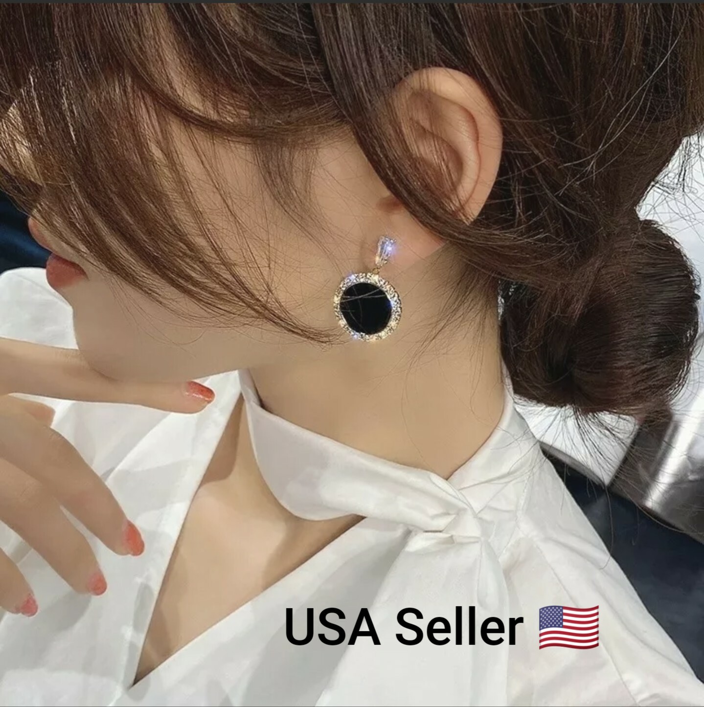 S925 Silver Needle Korean Black Round Rhinestone Earrings Ear New Fashion