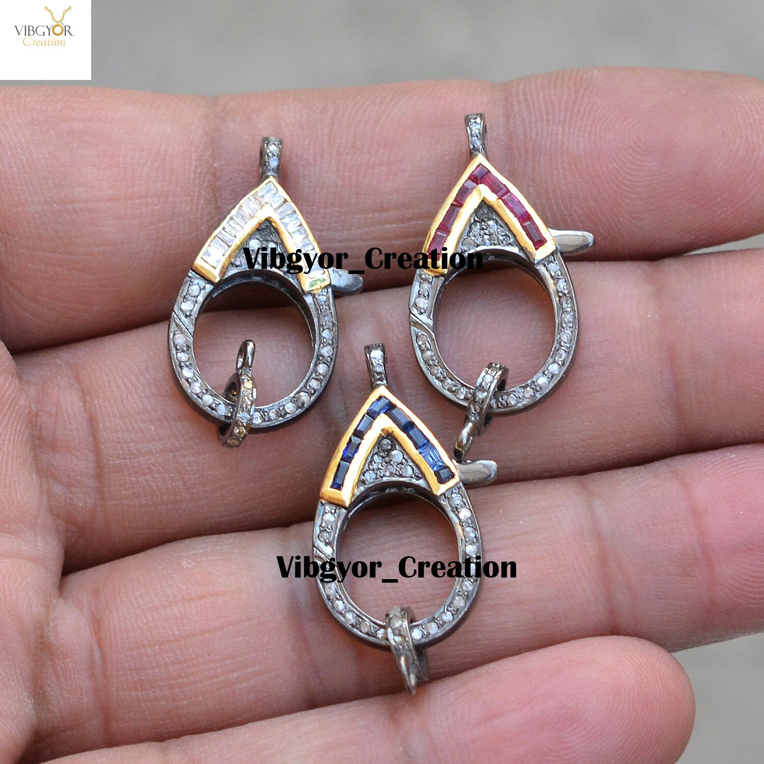 Pave Diamond Lobster Clasp 925 Silver Gemstone Baguette Finding Lock Jewelry