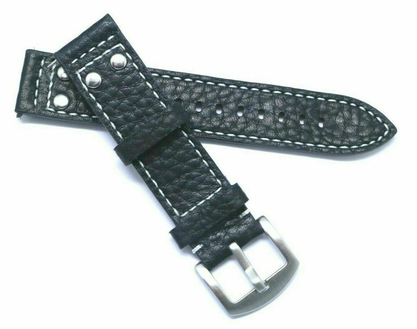 20 22mm Black/White or Brown/White Rivet Style Buffalo-Grain Leather Watch Strap