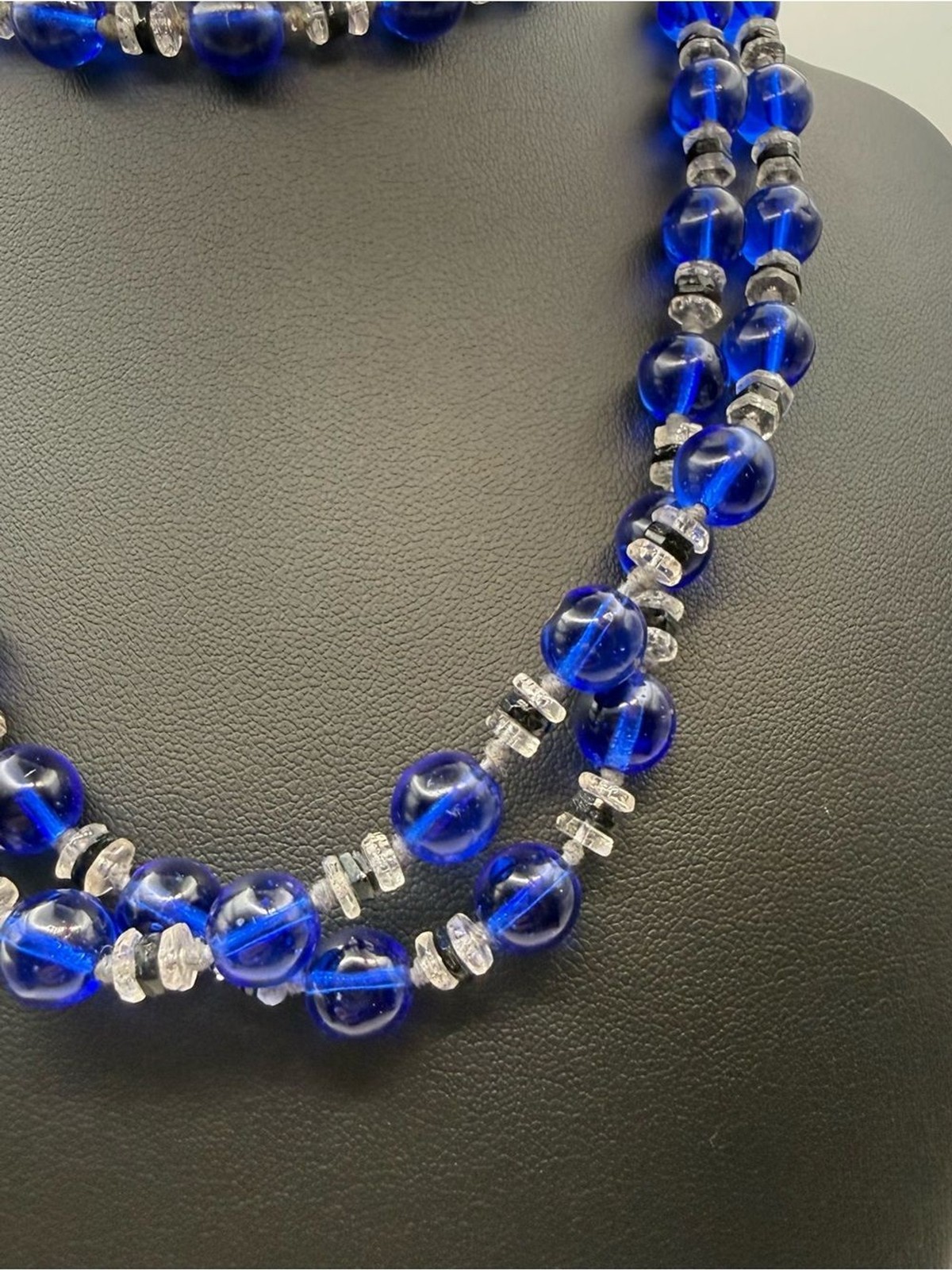 Cobalt blue long Vintage 1930s Glass Bead Necklace Round Beads