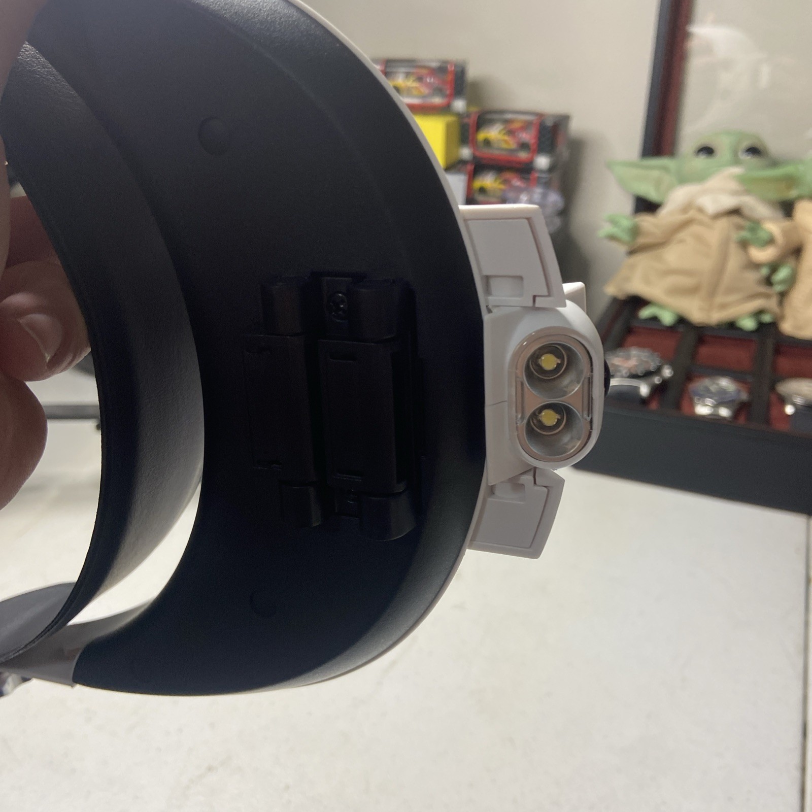 hands-free headband magnifier with a built-in LED light source.