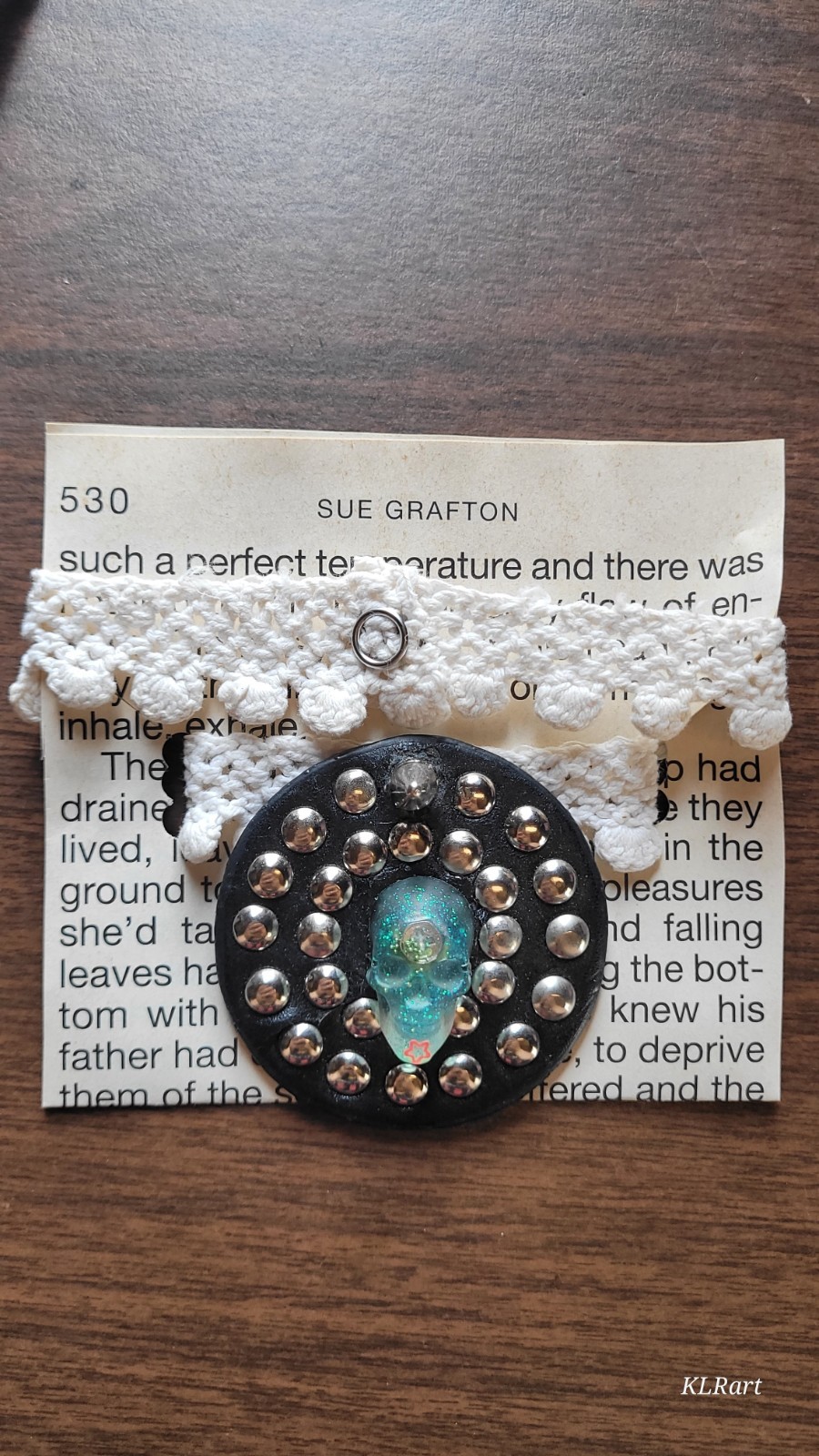 Homemade faux leather snap lace blue epoxy skull choker, Halloween themed