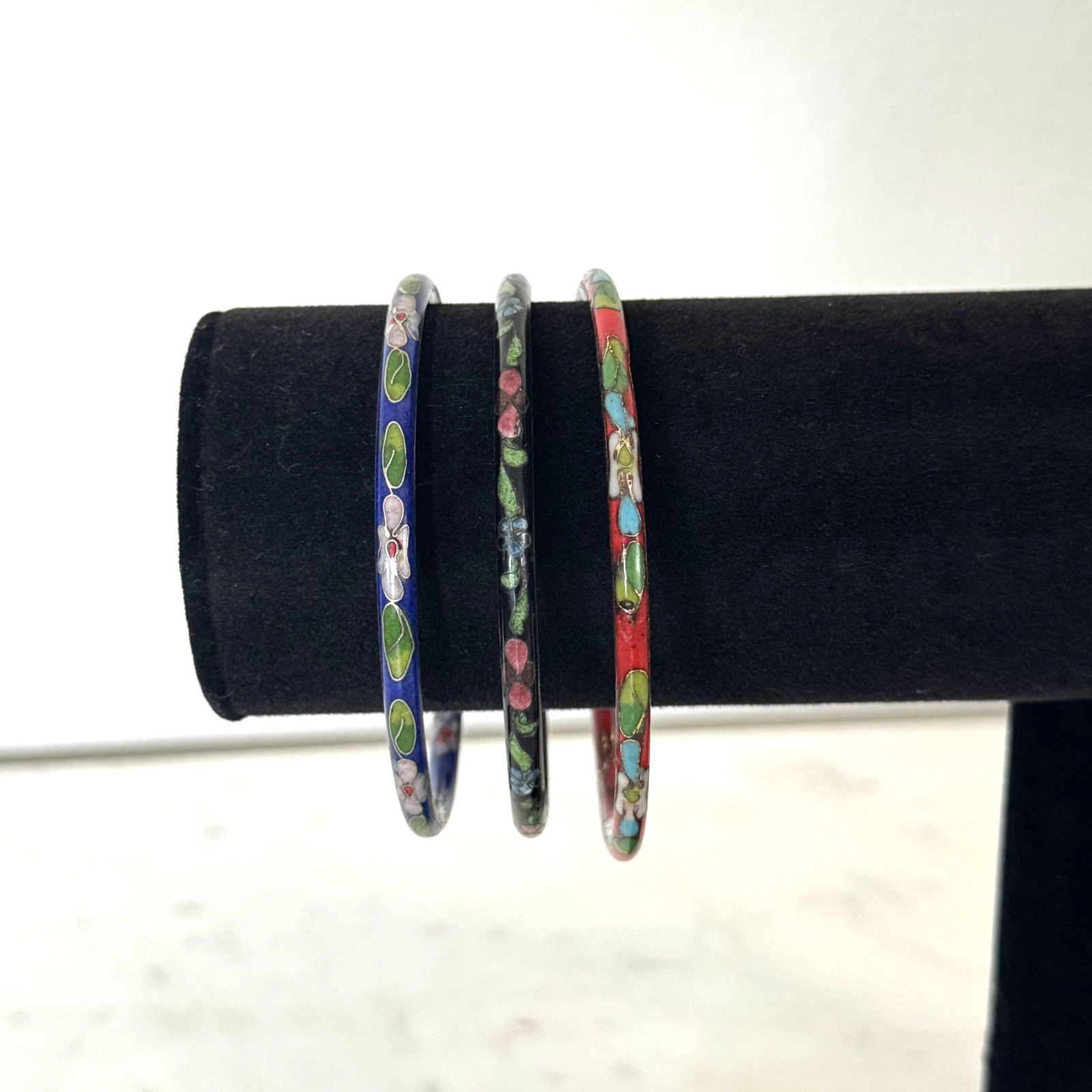 Vintage Lot of 3 Cloisonne Enamel Slender Bangle Bracelets- Black, Red, Blue