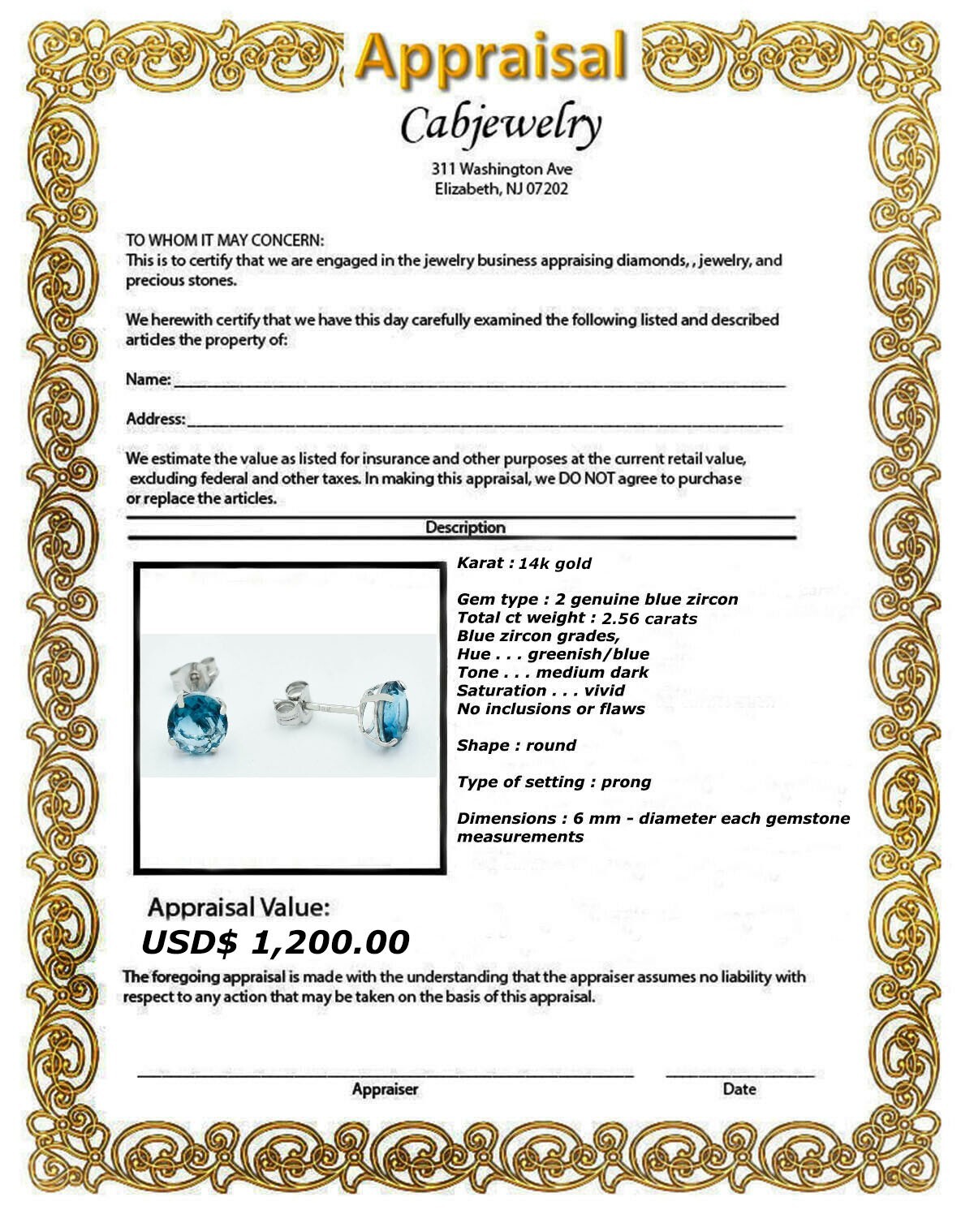 GENUINE 2.56 Cts BLUE ZIRCON EARRINGS 14k WHITE GOLD -Free Certificate Appraisal