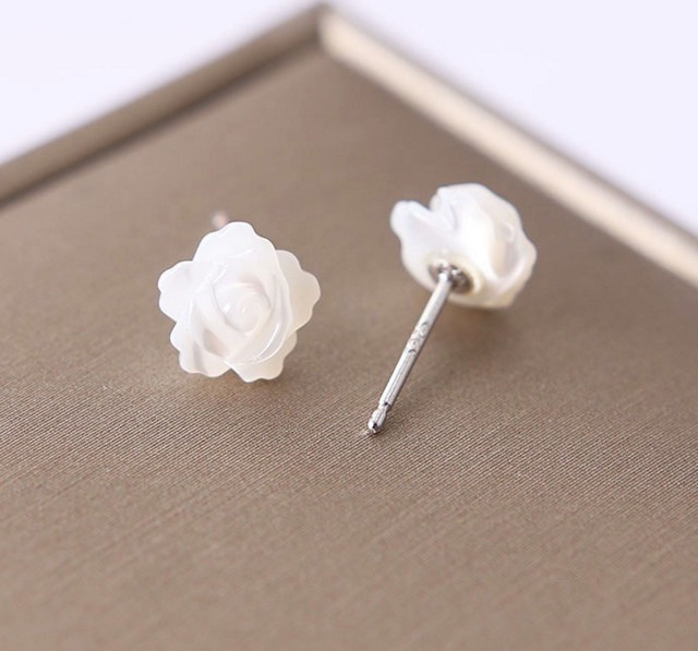 6/8/10mm 925 Sterling Silver Mother of Pearl Rose Flower Stud Earrings Gift Box