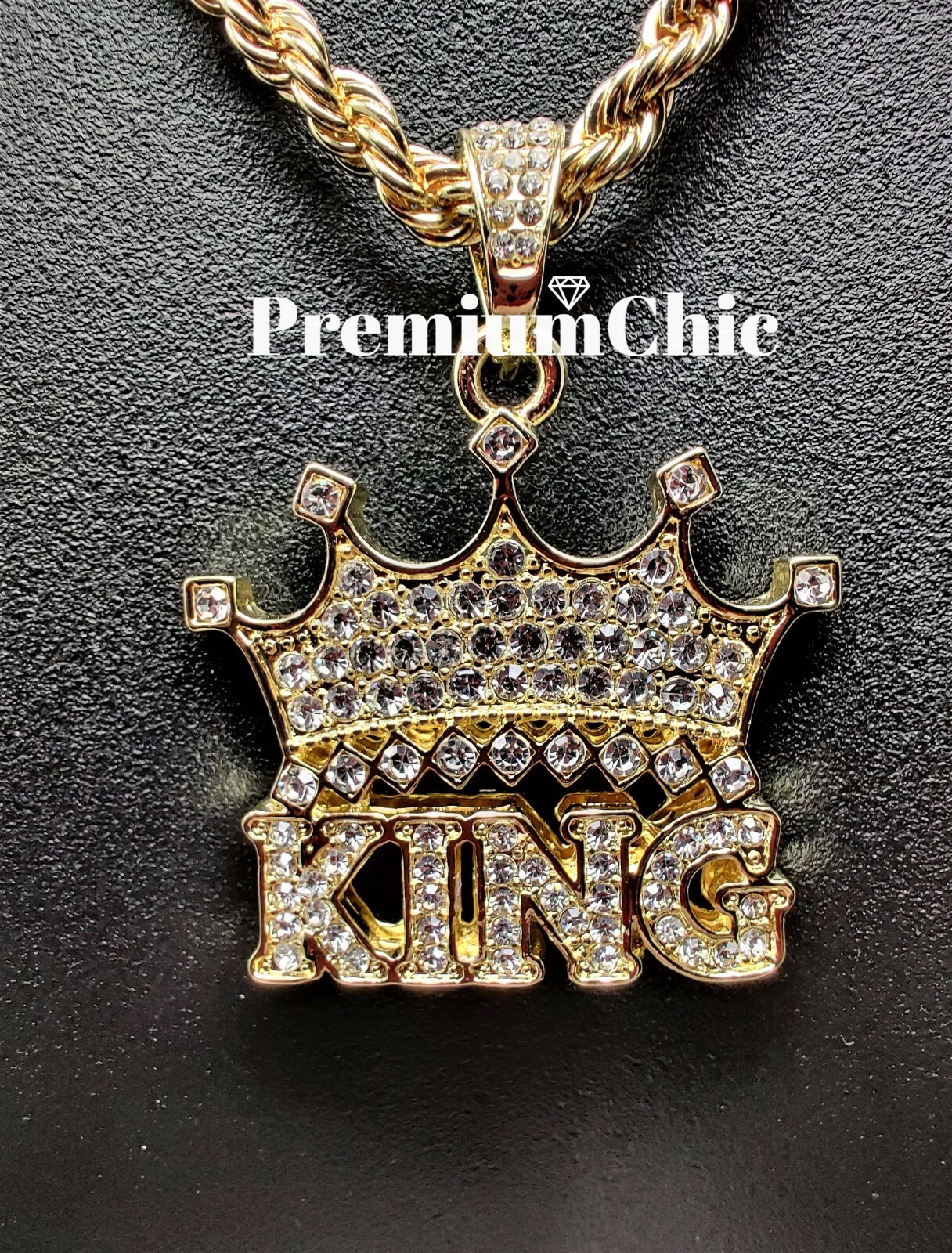 ICED Crowned King Pendant Necklace Choker with Rope Chain Mens Plated CZ Jewelry