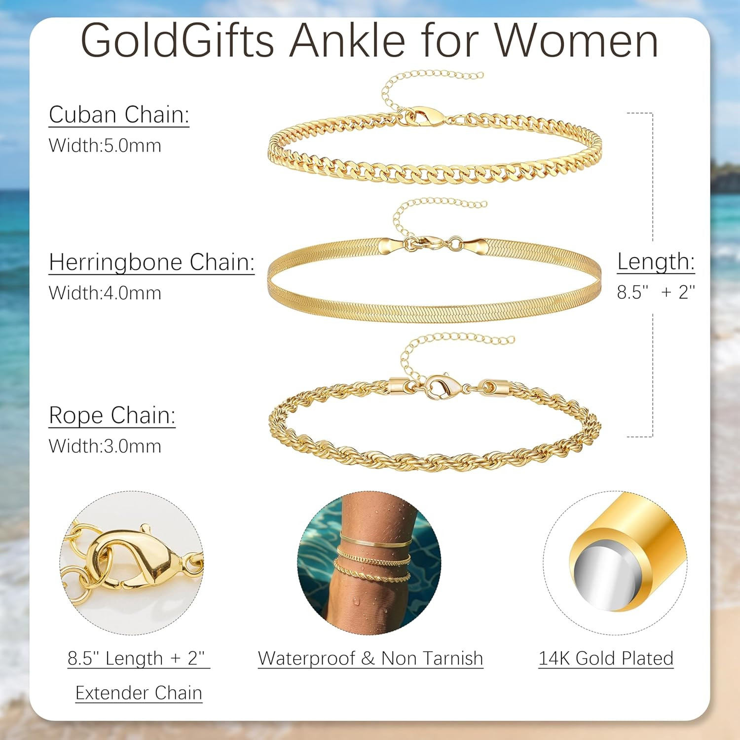 Waterproof Ankle Bracelets for Women,14k Gold Plated Hypoallergenic Layered Stac