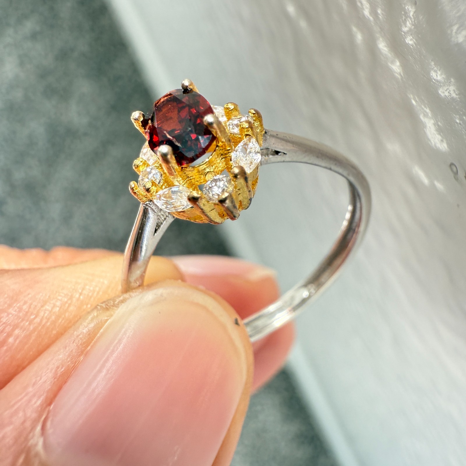 925 Sterling Silver Ring 6x4mm Natural Rhodolite Garnet Gemstone Zircon Red Gift