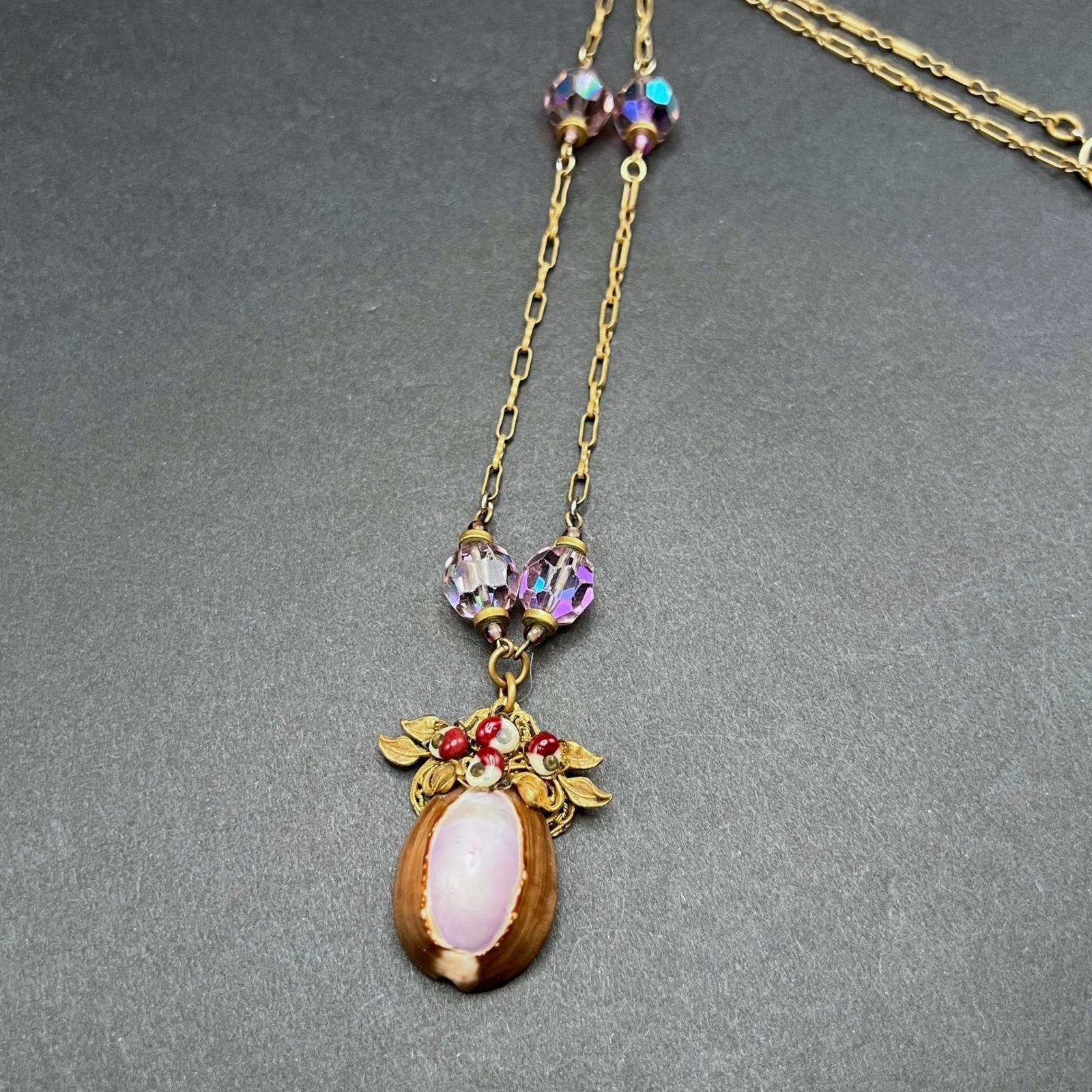 Vintage Cowrie Shell Necklace Purple AB Crystal Gold Tone Fairy Coastal Ethereal