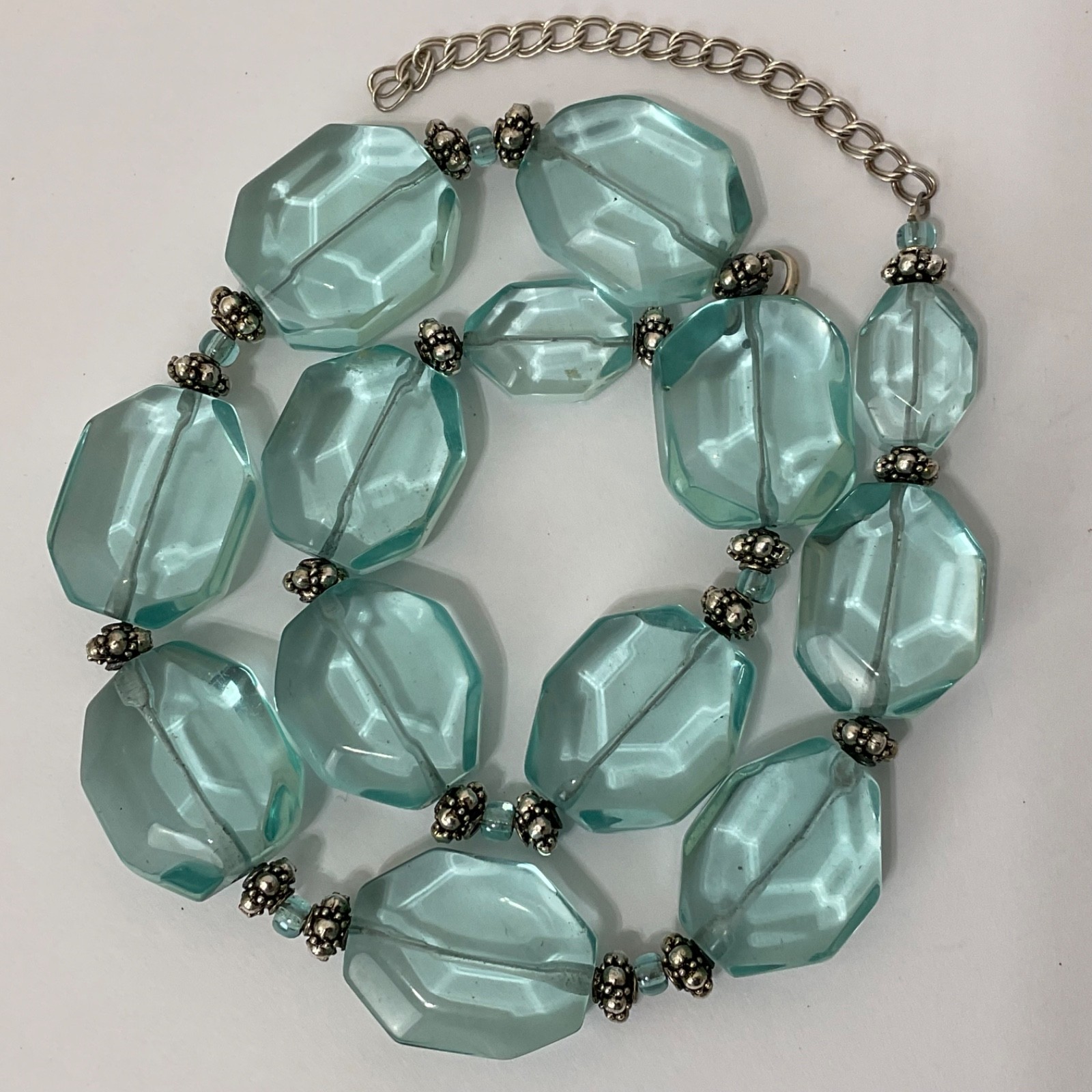 Vtg Aquamarine Glass Faceted Nuggets & Sterling Silver Beaded Necklace Adjusts