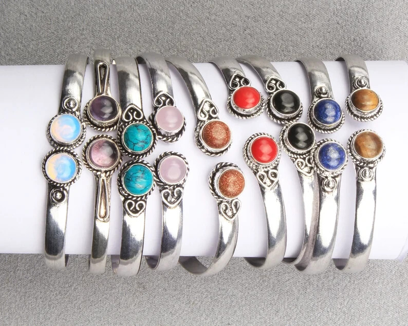 Assorted Crystal Bangle,925 Silver Cuff Bracelet 10Pcs Lot,Handmade Cuff Bangle~