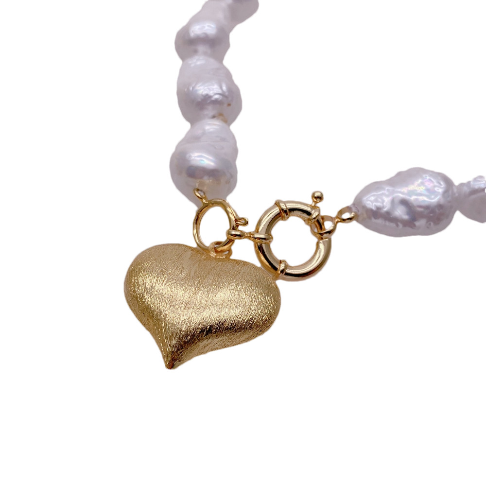 White Sea Shell Baroque Necklace Brushed Heart Pendant